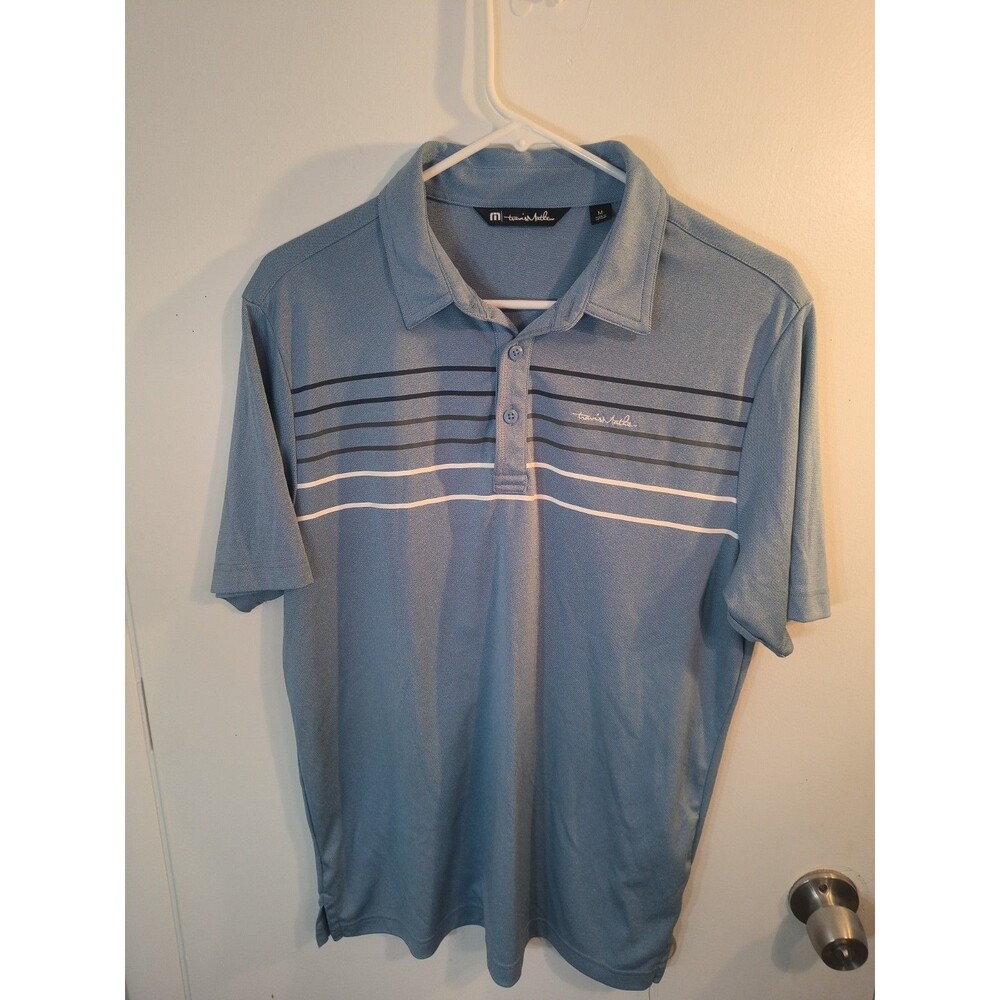 TravisMathew Malm Polo Mens Medium Blue Chest Stripe Golf Performance Shirt EUC